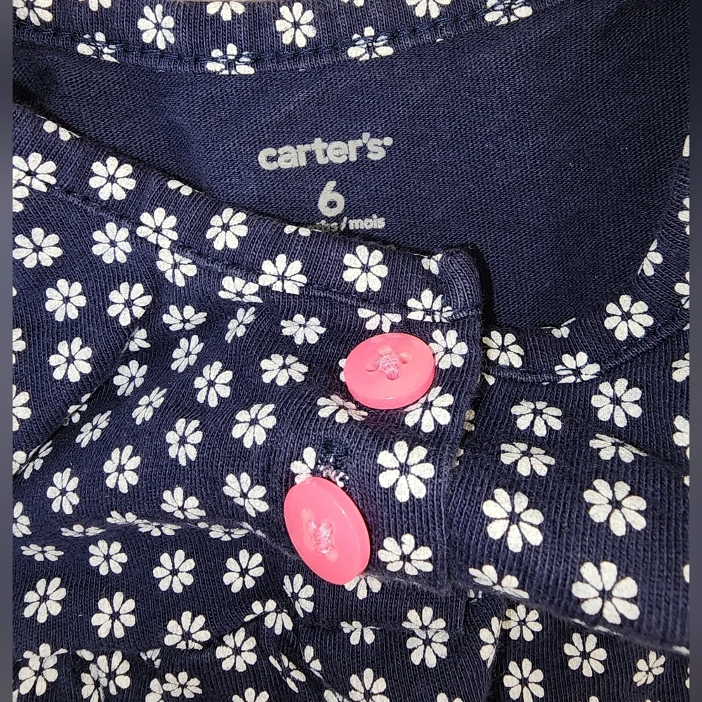 Carter's Navy Romper with White Flowers and Pink Buttons